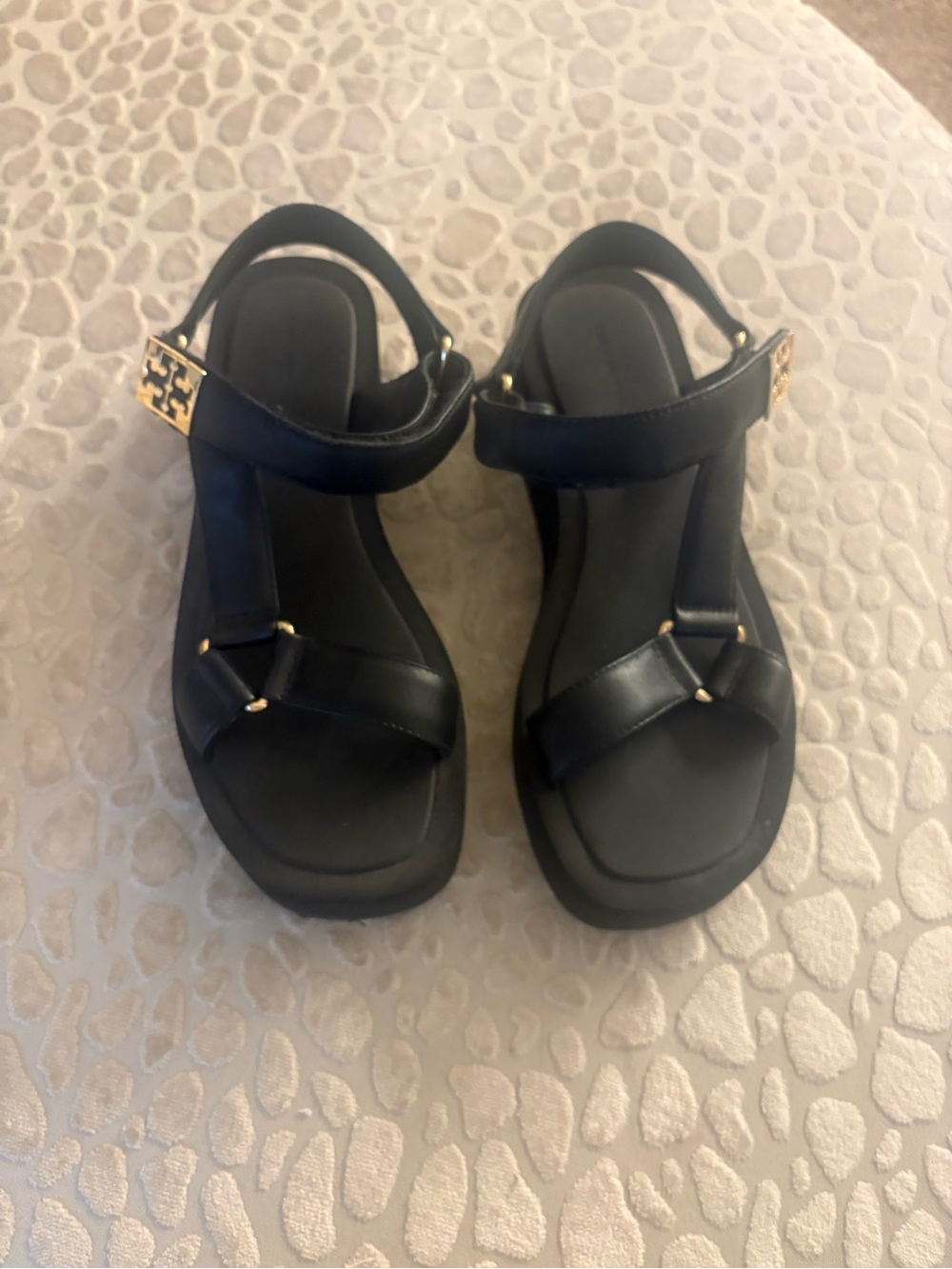 Tory Burch Black Leather Platform Sandals with Gold Logo Accent